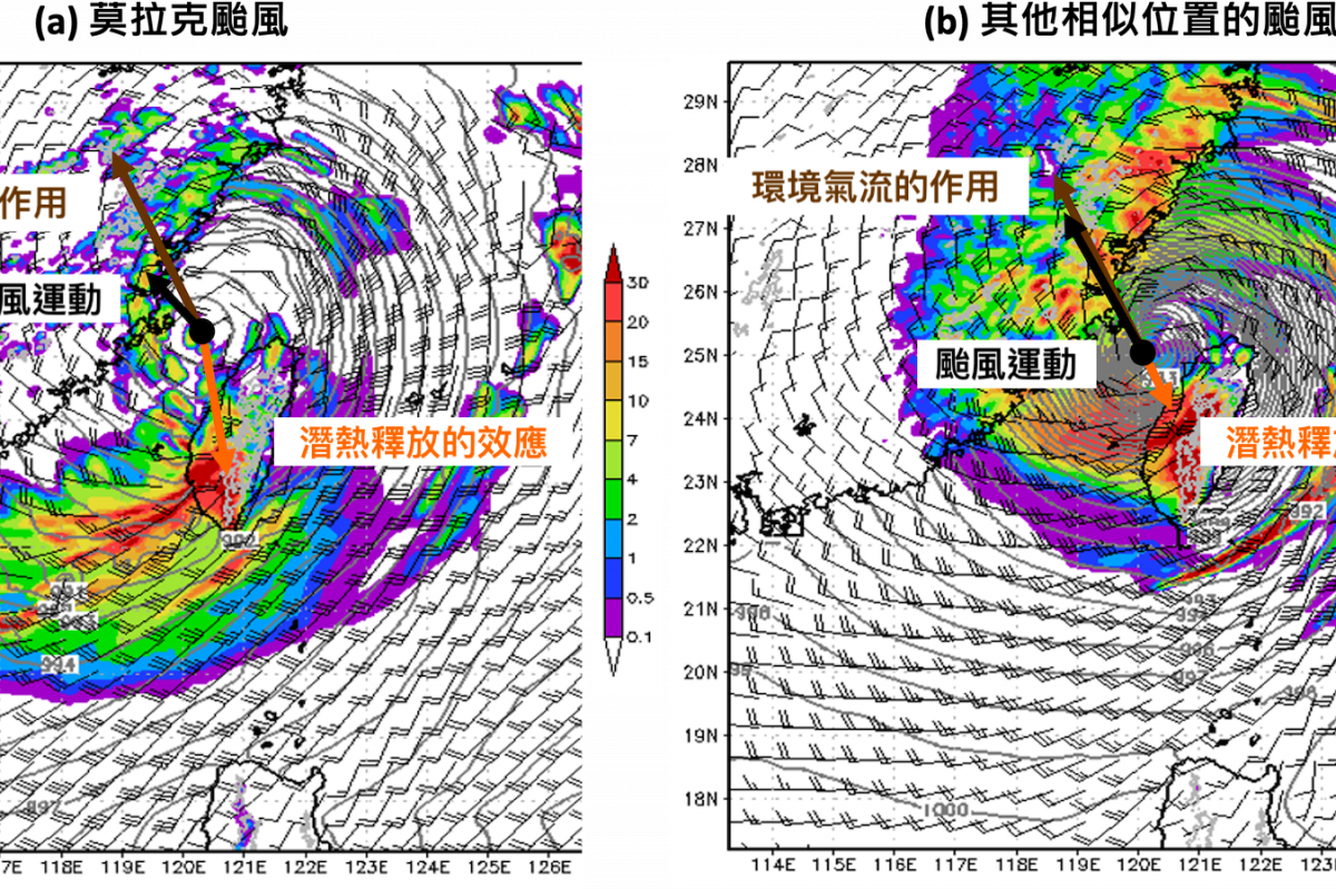 圖1 不對稱潛熱釋放影響2009年莫拉克颱風移動速度示意圖。(a) 莫拉克颱風與 (b) 其他大多數相似位置 (臺灣海峽北部) 颱風之情況。各圖中顯示地面氣壓 (灰色等壓線)、水平風 (風標)、及降水強度分布 (公釐/小時，色階)，以及環境氣流 (駛流) 的作用 (咖啡色)、潛熱釋放 (橘色)、及合併後颱風最終的運動向量 (黑色粗矢線)。由於伴隨強烈的西南氣流，莫拉克的降水和潛熱釋放非常不對稱，且集中在颱風中心南側與台灣西南部，同時其中心附近結構鬆散，僅有零星對流活動，這些特徵皆與多數其它颱風不同。此處 (b) 圖採用2015年蘇迪勒颱風，假設駛流的作用相同，但潛熱釋放的作用則相對很小 (示意)。